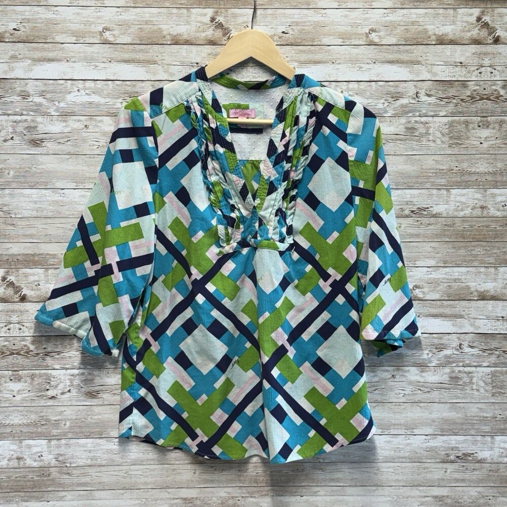 Lilly Pulitzer Womens  6 Blouse Blue Green Geometric Ruffle Pleated Neck